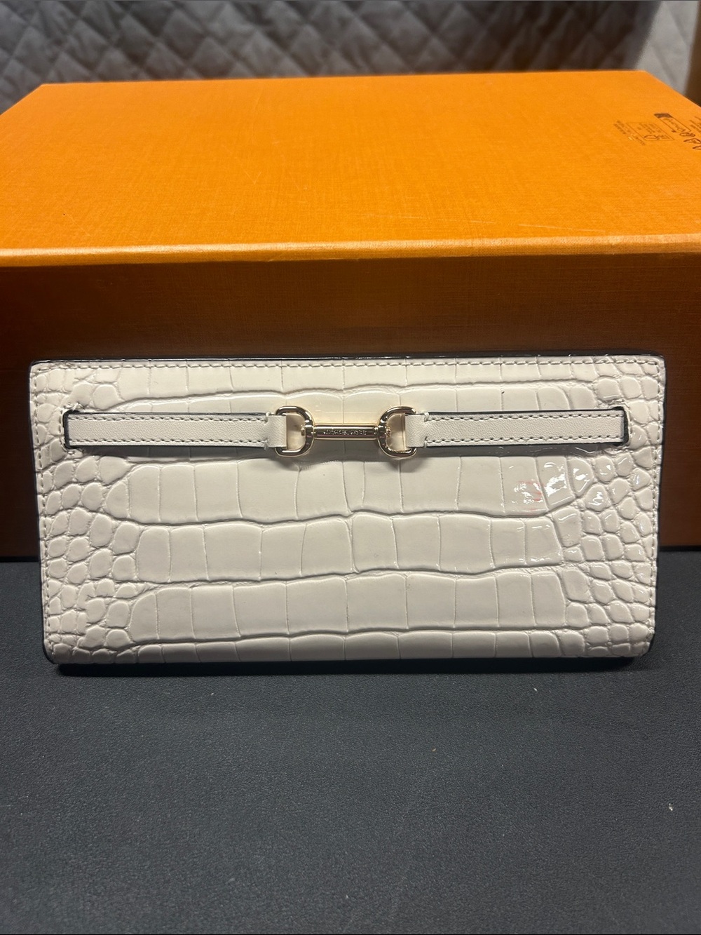 Michael Kors White Croc-Embossed Leather Wallet with Gold Horsebit